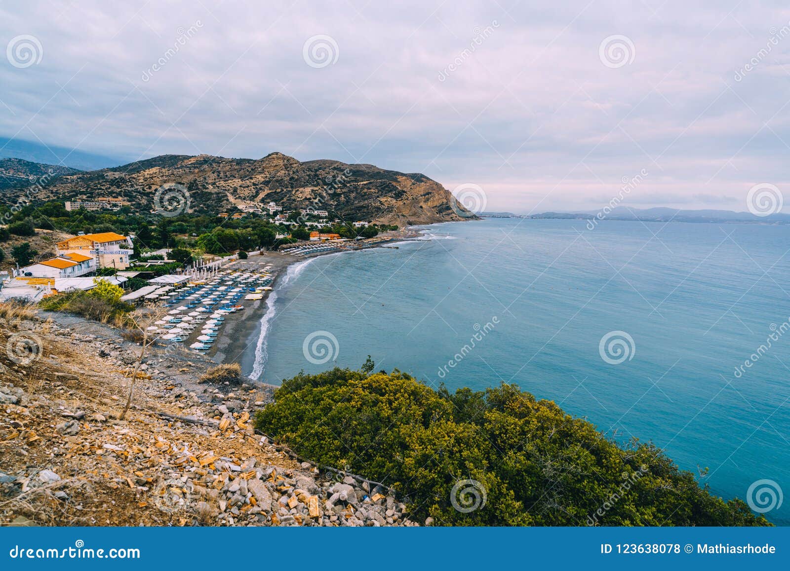 aerial top panorama view of aghia galini beach at crete island in greece. south coast of the libyan sea.