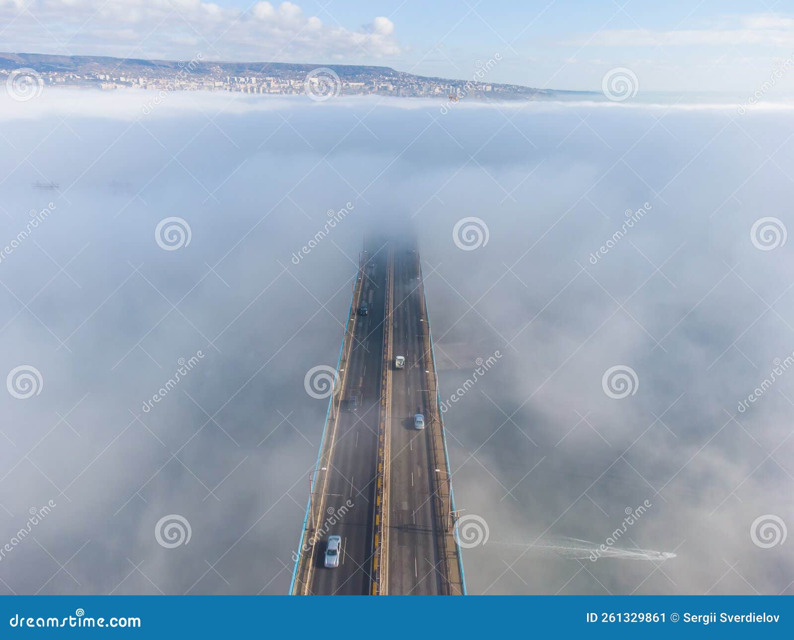 aerial view of the asparuhov bridge in the fog in the morning, varna, bulgaria