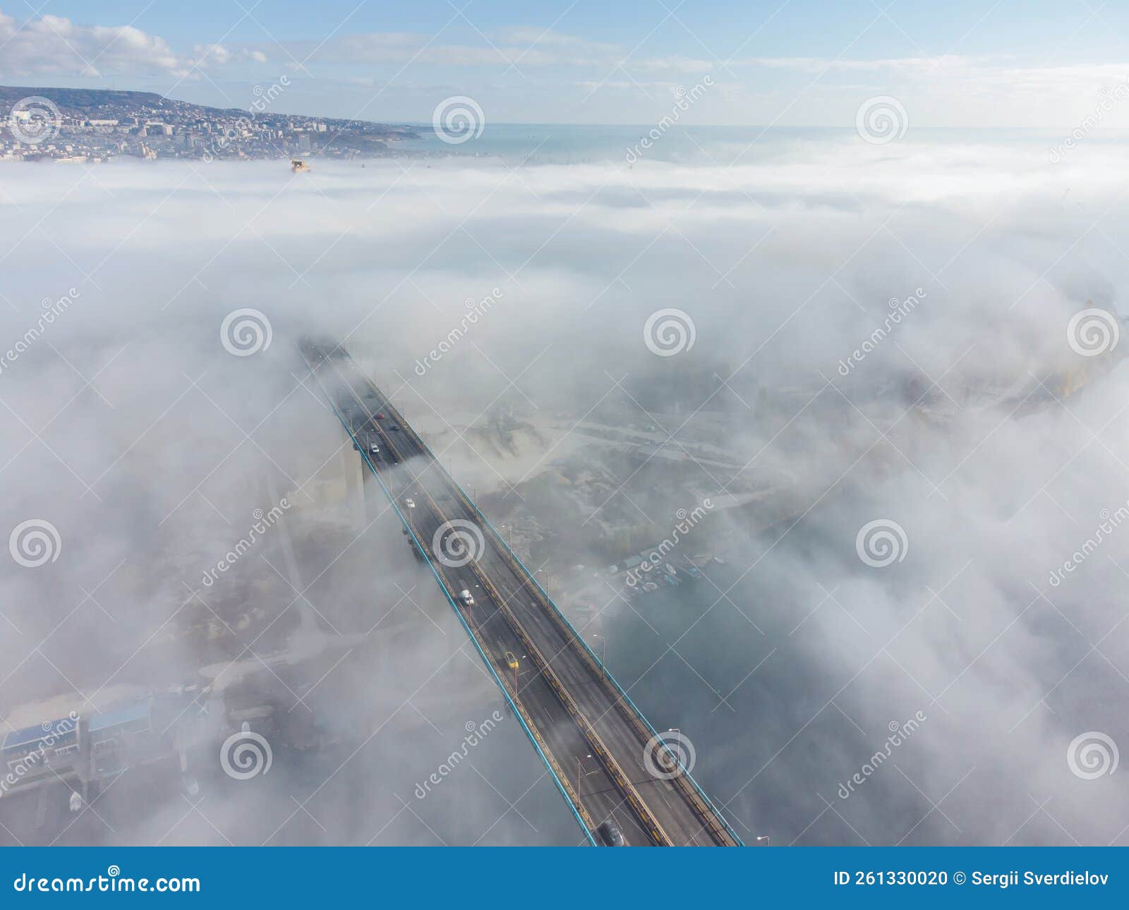 aerial view of the asparuhov bridge in the fog in the morning, varna, bulgaria