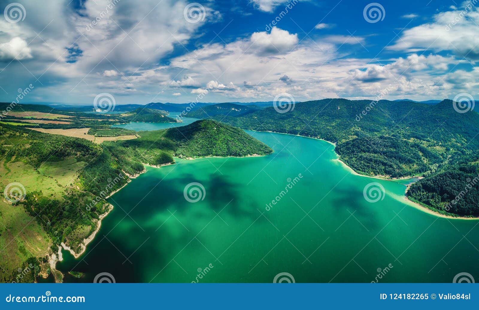 Aerial Top View Of Lake Between Mountain Forest Beautiful Panorama