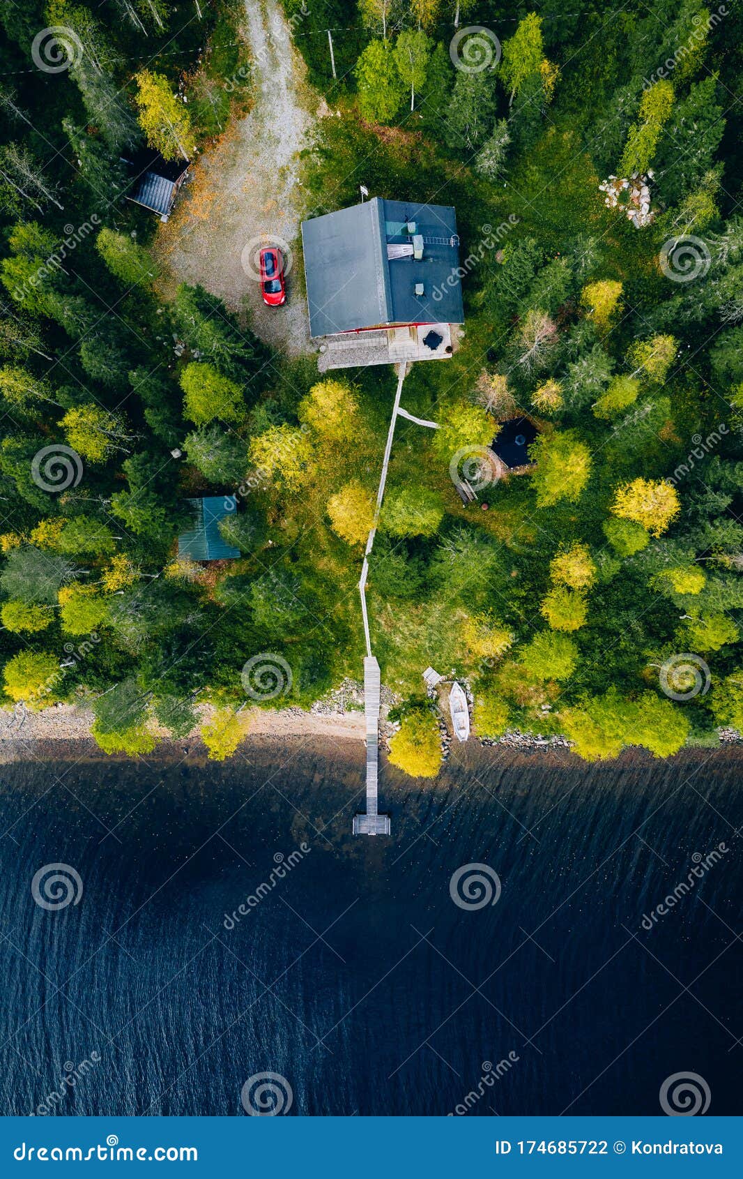 Aerial Top View of Log Cabin or Cottage with Red Car in Spring Forest ...
