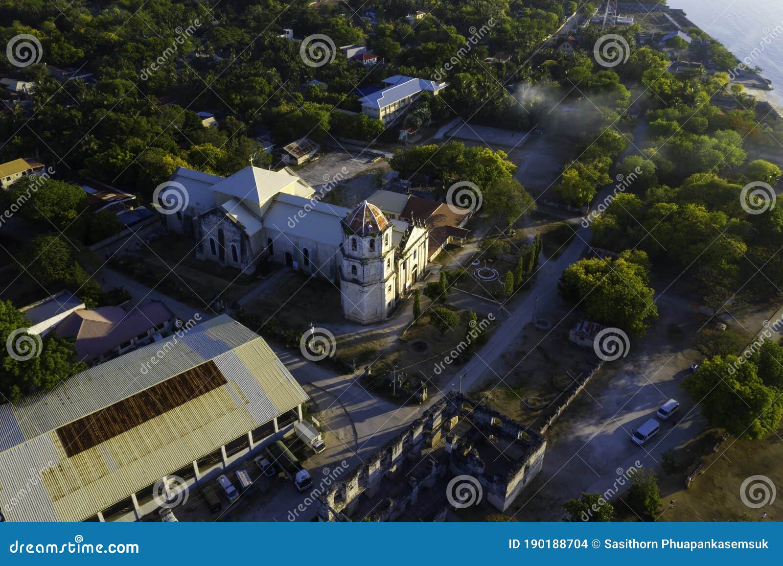 aerial top view in the morning at the immaculate conception church of oslob