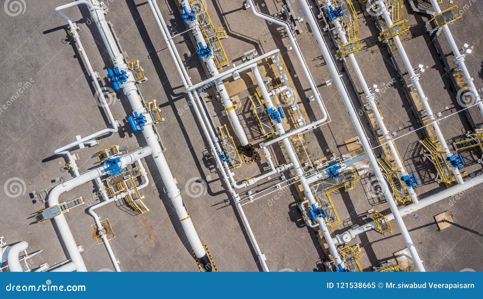 aerial top view natural gas pipeline, gas industry, gas transport system, stop valves and appliances for gas pumping station.