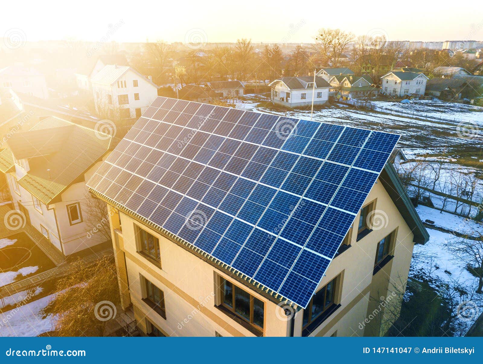 Aerial Top View Of New Modern Residential Two Story House Cottage With Blue Shiny Solar Photo Voltaic Panels System On Roof Stock Image Image Of Clean Installation 147141047