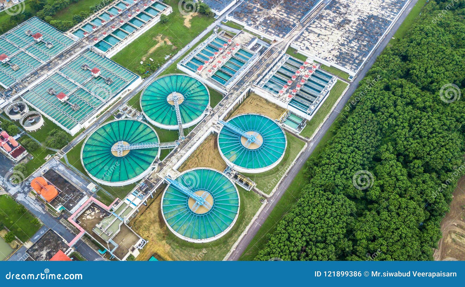 aerial top view recirculation solid contact clarifier sedimentation tank, water treatment plant.