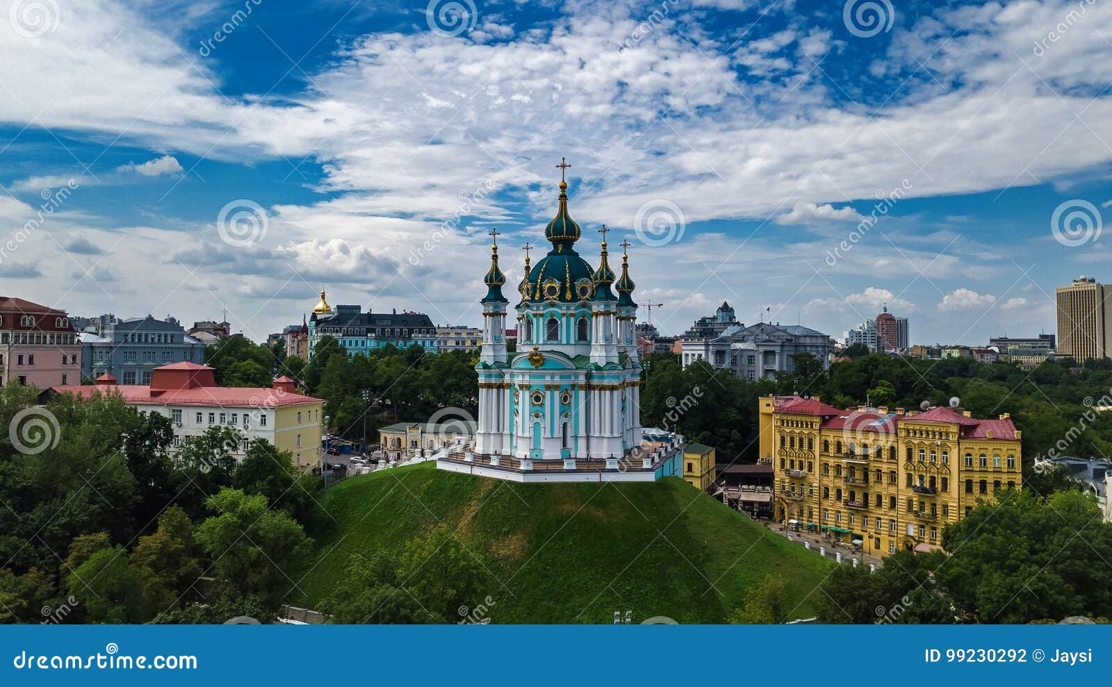 aerial top view of saint andrew`s church and andreevska street from above, cityscape of kiev kyiv, ukrai