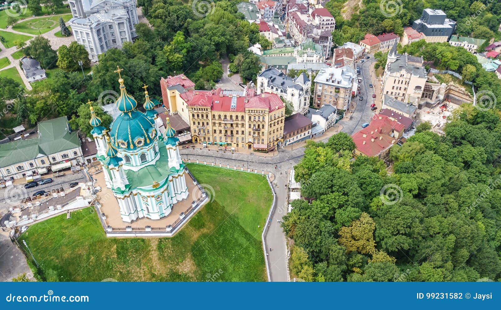 aerial top view of saint andrew`s church and andreevska street from above, cityscape of podol district, city of kiev, ukrai