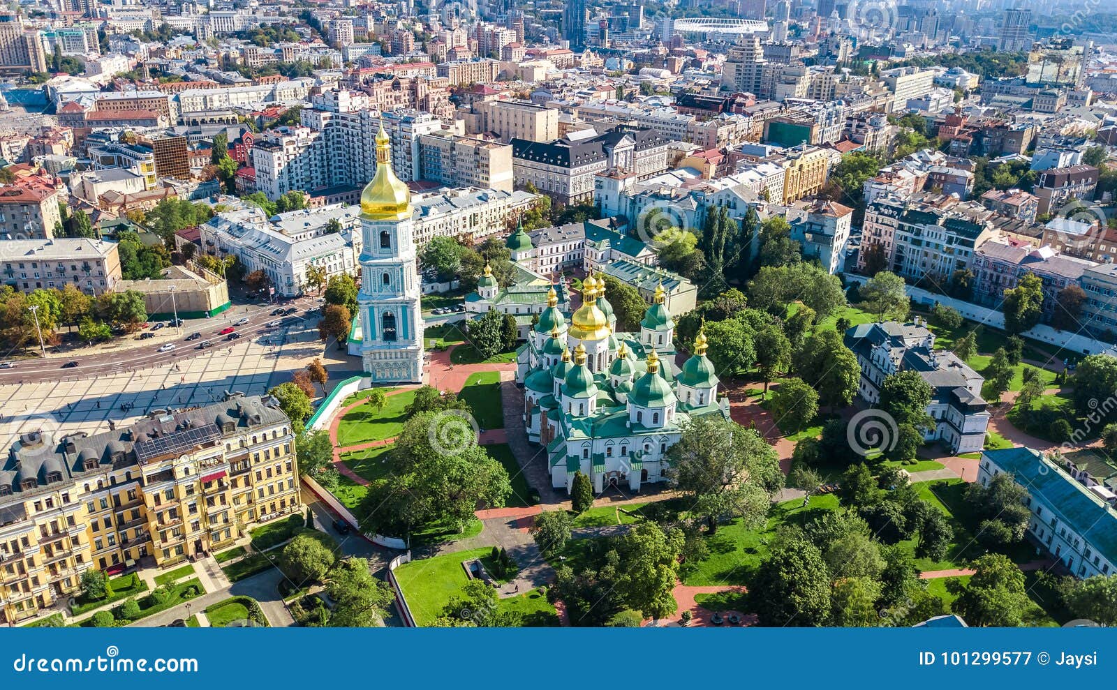 aerial top view of st sophia cathedral and kiev city skyline from above, kyiv cityscape, ukraine
