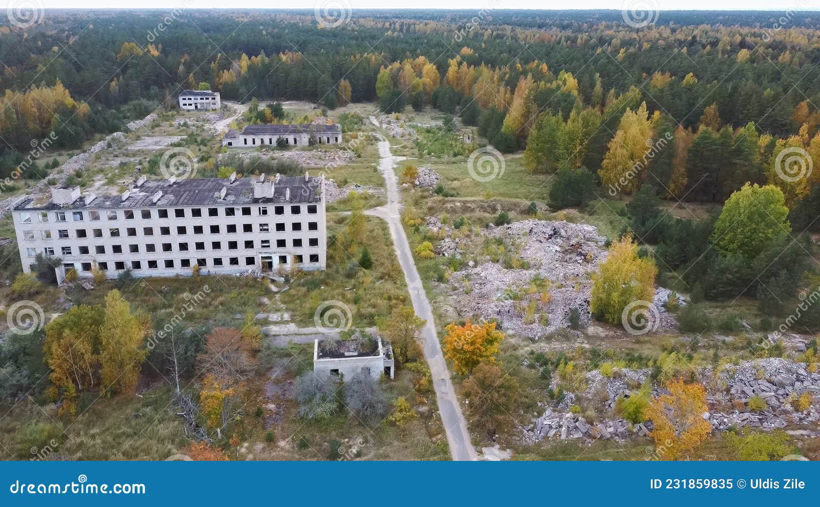 aerial view of abandoned military ghost town irbene in latvia.
