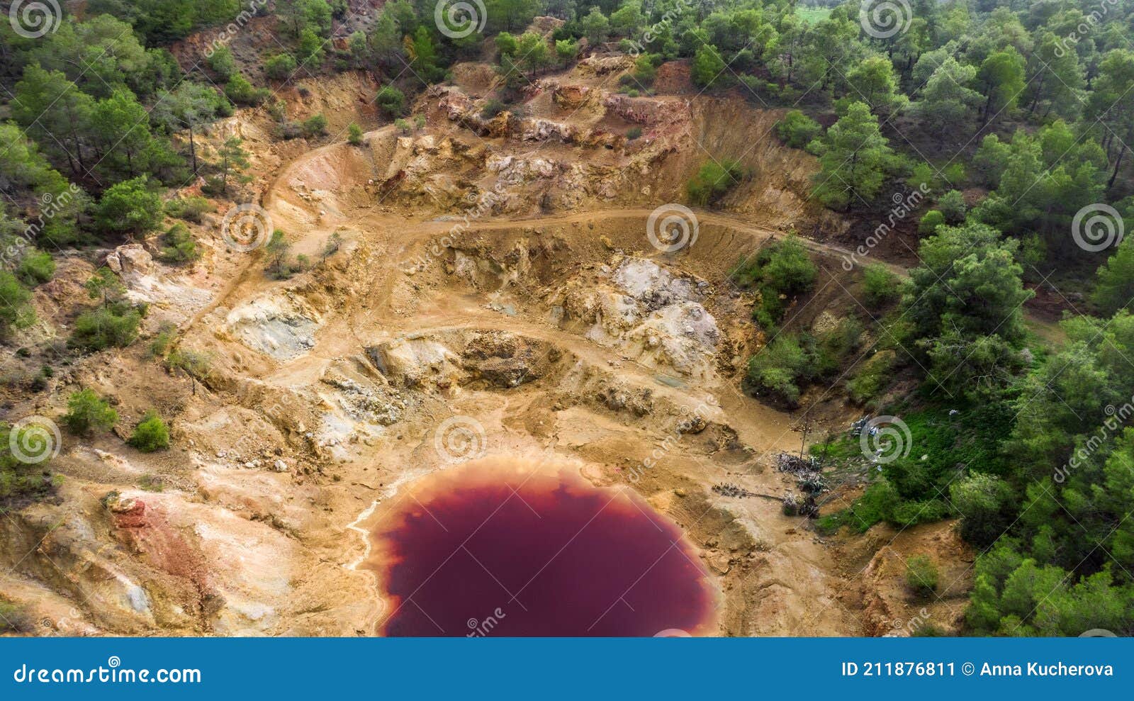 aerial view of abandoned opencast mining pit in mathiatis, cyprus