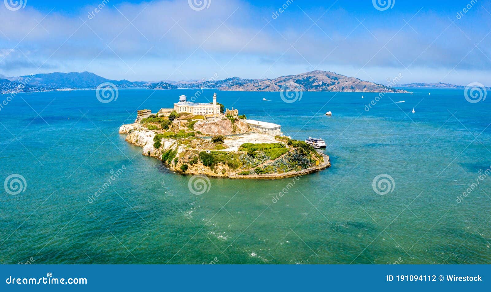 An aerial view of the Alcatraz Island in San Francisco on a bright day