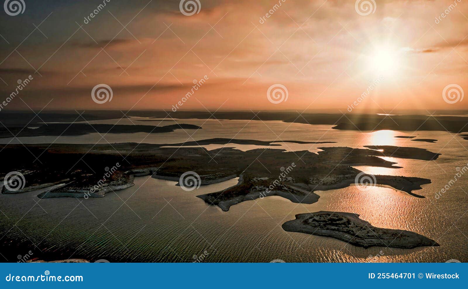 aerial view of amistad reservoir in texas in a vibrant sunset sky background