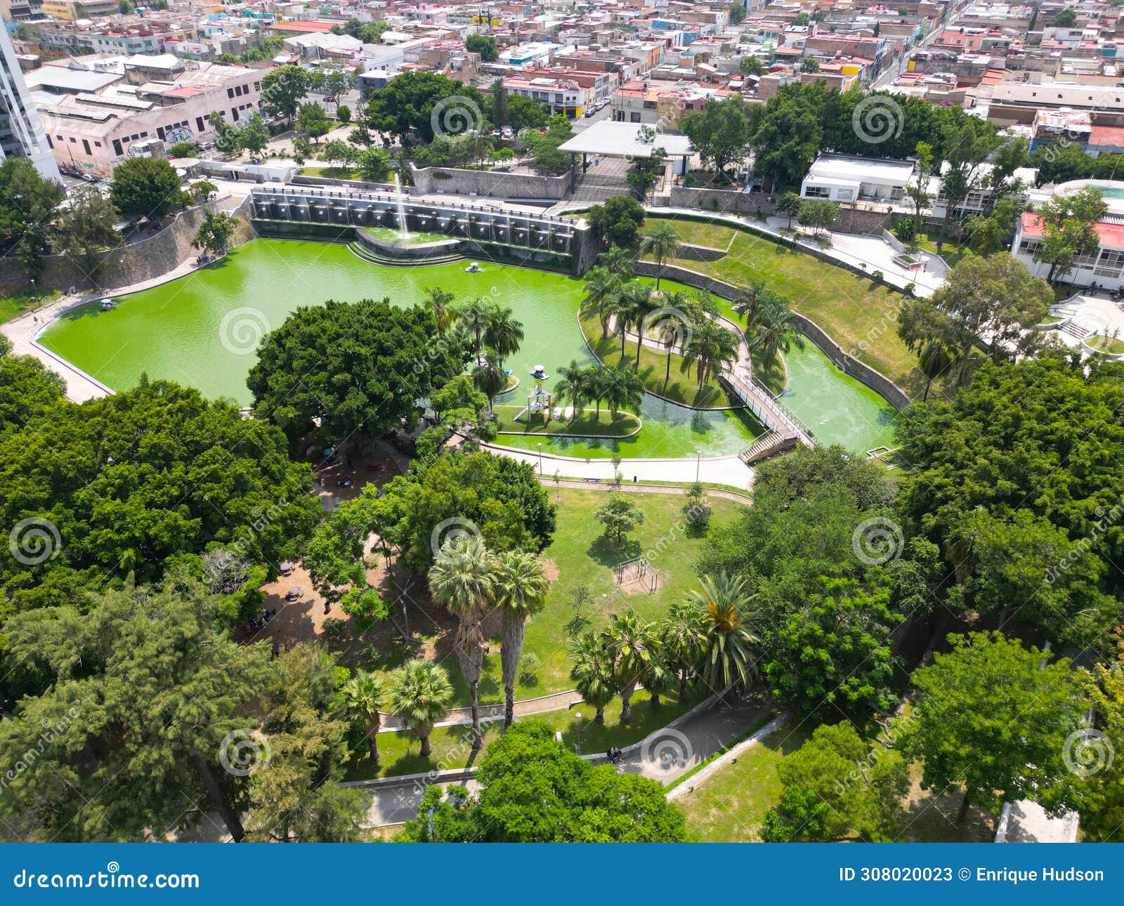 aerial view of artificial lake in parque alcalde in guadalajara