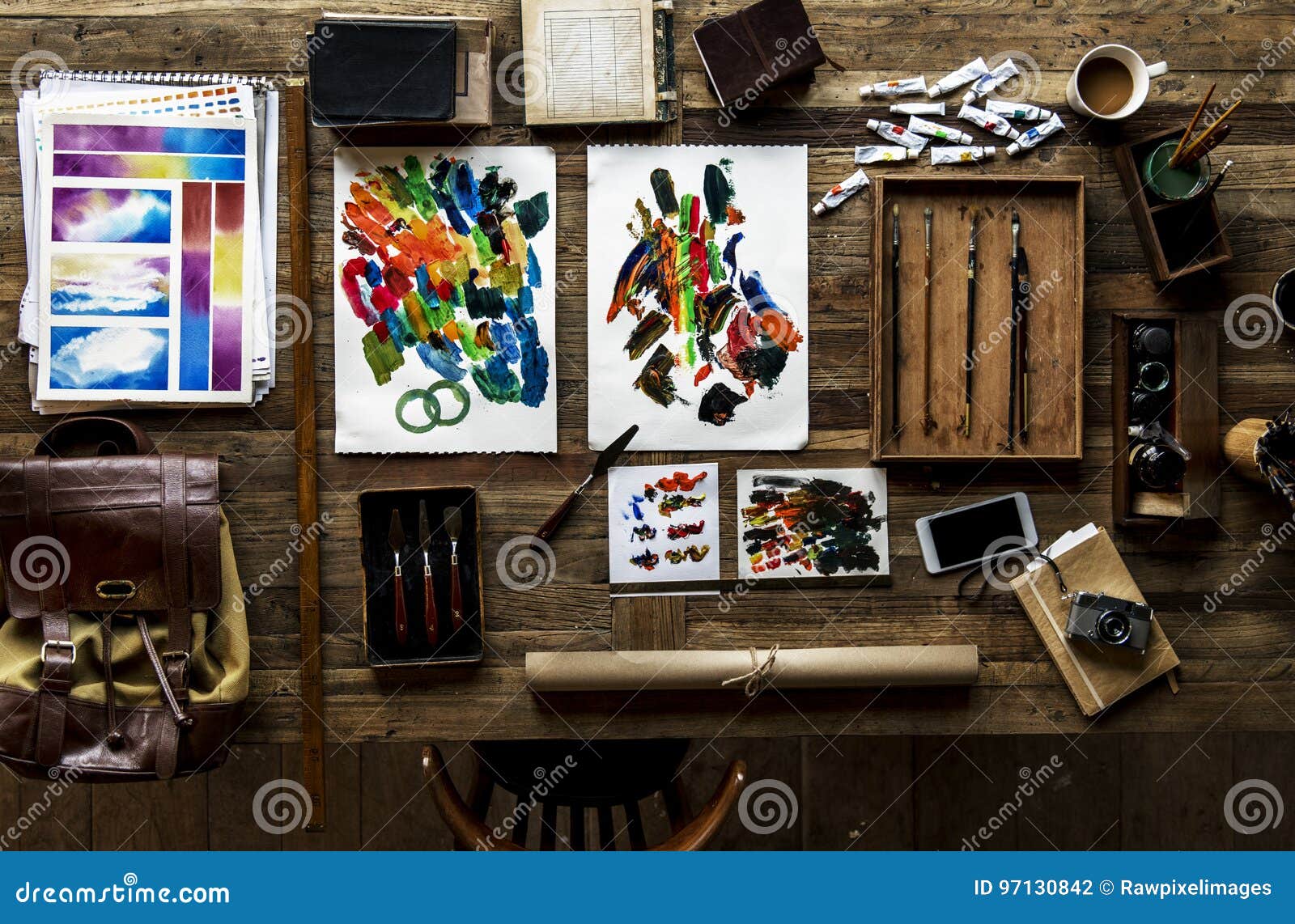 aerial view of artistic euqipments painting tools on wooden table