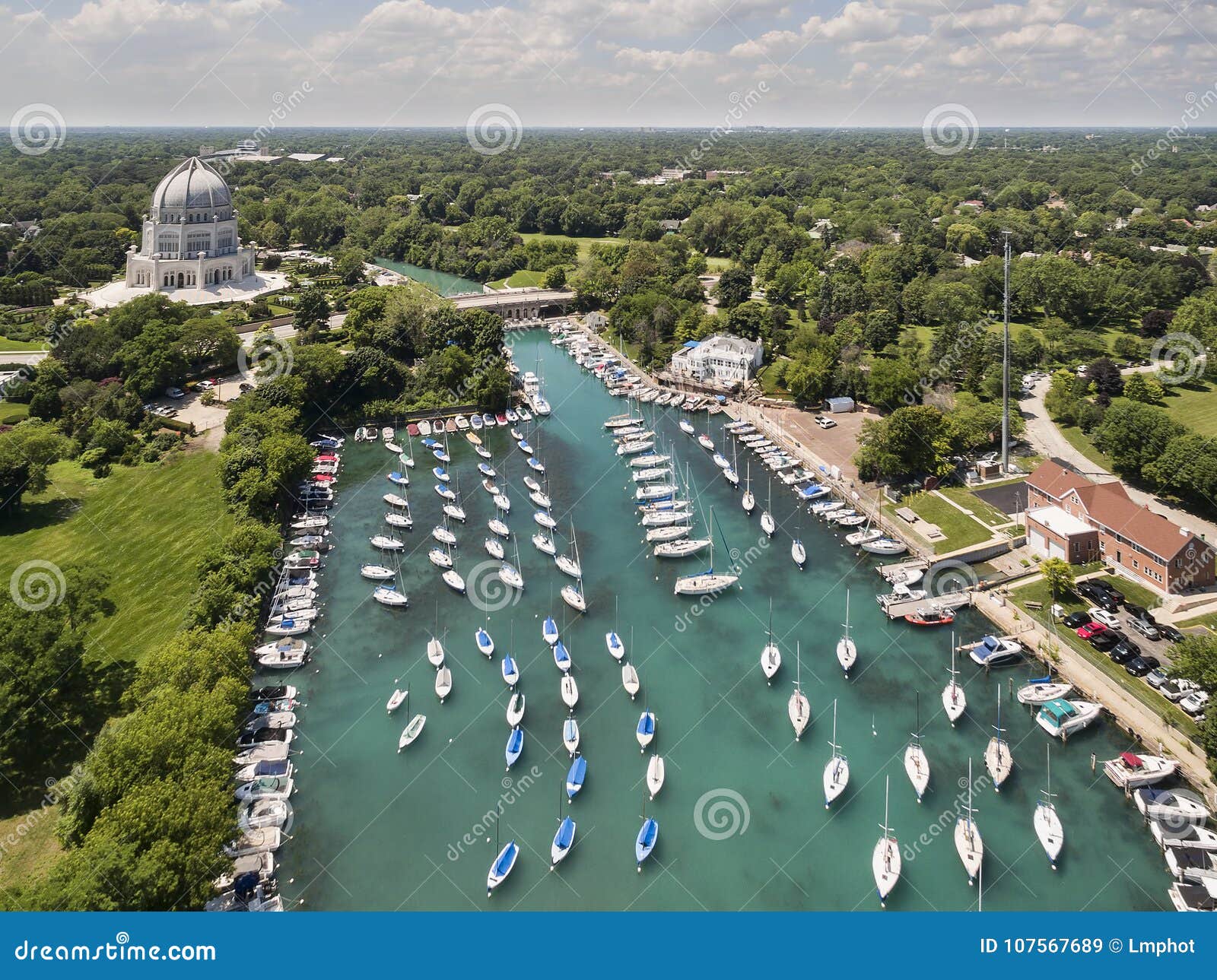 wilmette harbor aerial with baha`i temple