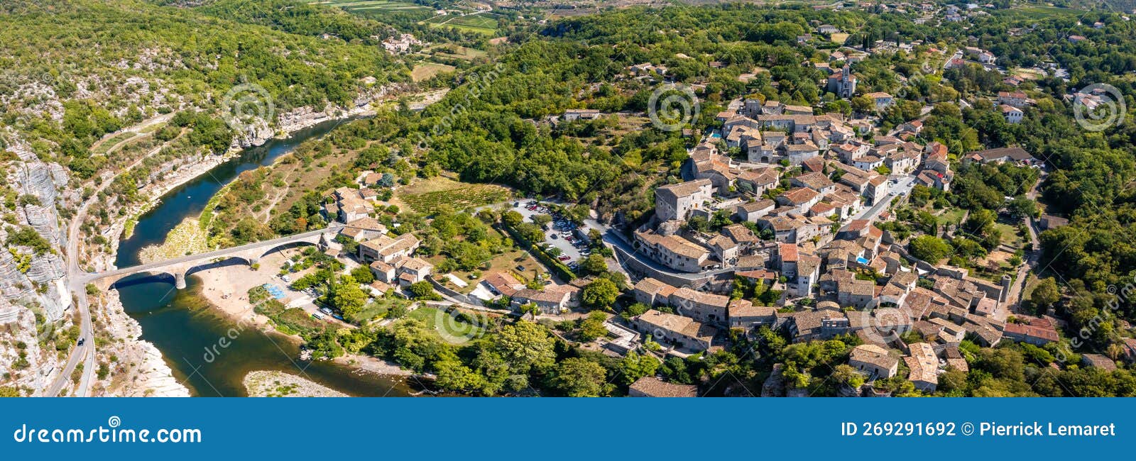 aerial view of balazuc, one of the most beautiful village in ardeche, south of france
