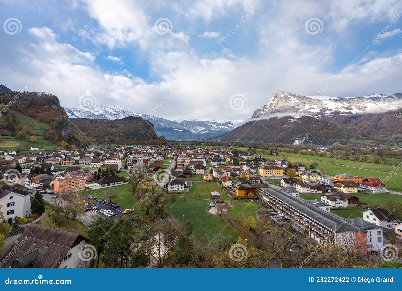 Aerial View of Balzers with Alps Mountains - Balzers, Liechtenstein ...