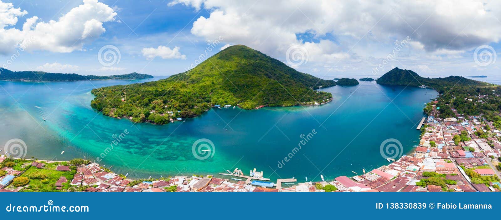 aerial view banda islands moluccas archipelago indonesia, pulau gunung api, lava flows, coral reef white sand beach. top travel