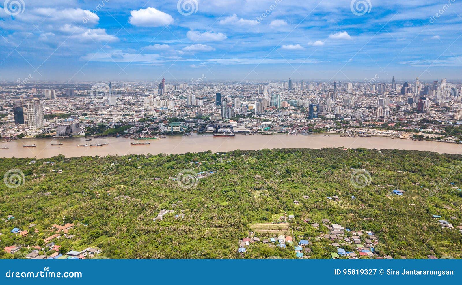 aerial view of bangkok skyline and view of chao phraya river vie