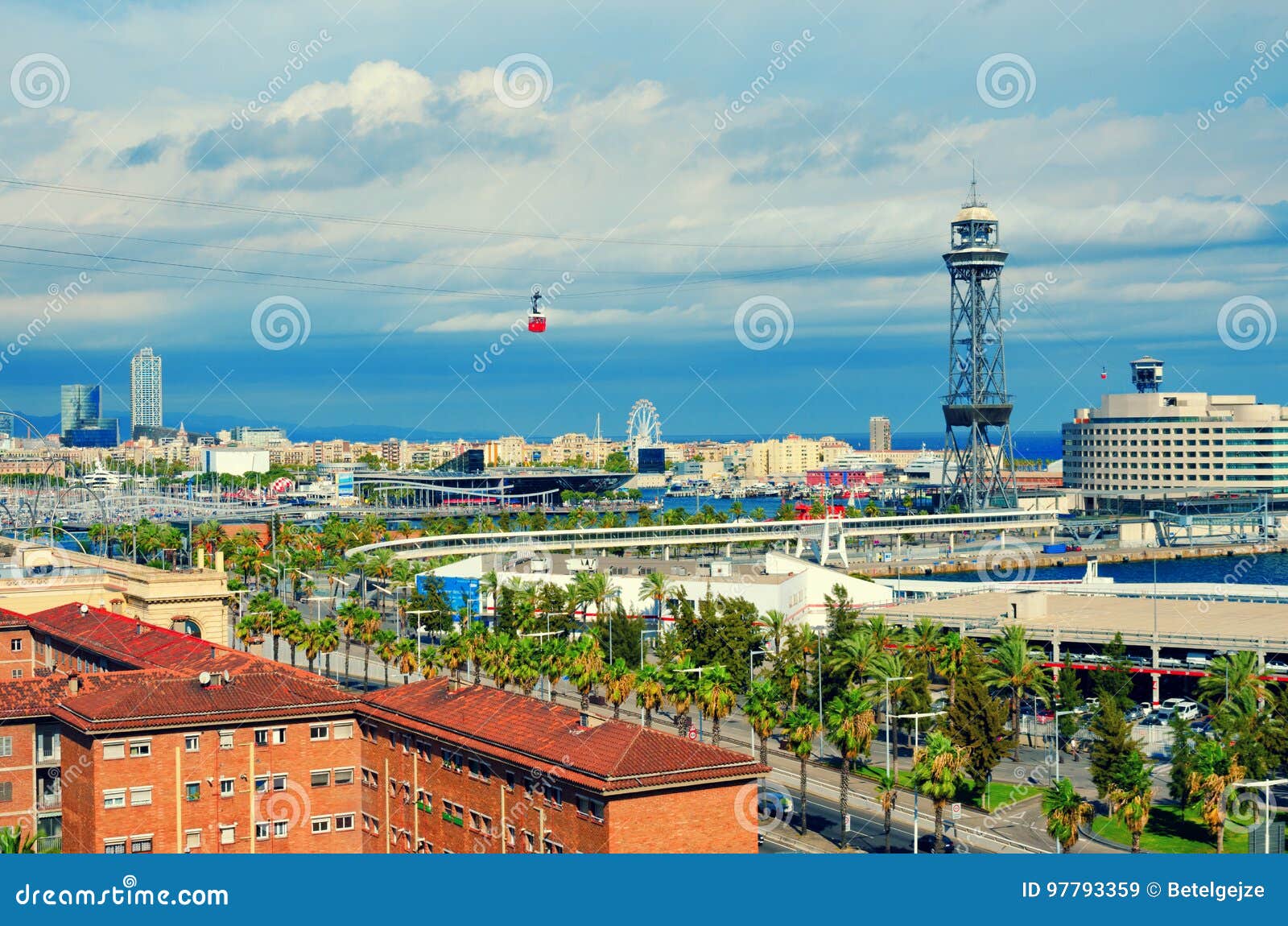 aerial view of barcelona. la barceloneta, port vell, sea and red cabin of the cableway. catalonia, spain