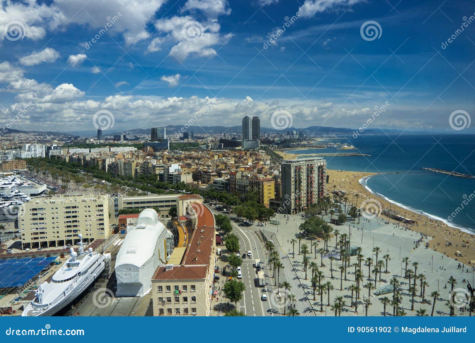 aerial view of barcelona port and la barceloneta