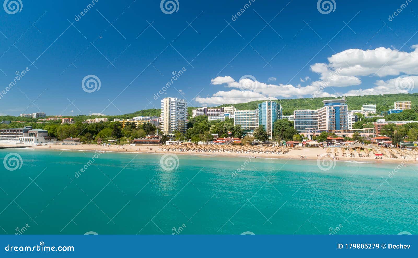 aerial view of the beach and hotels in golden sands. popular summer resort near varna, bulgaria