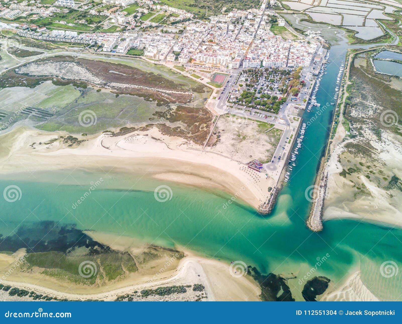 aerial view of beautiful fuseta by ria formosa natural park, algarve, portugal