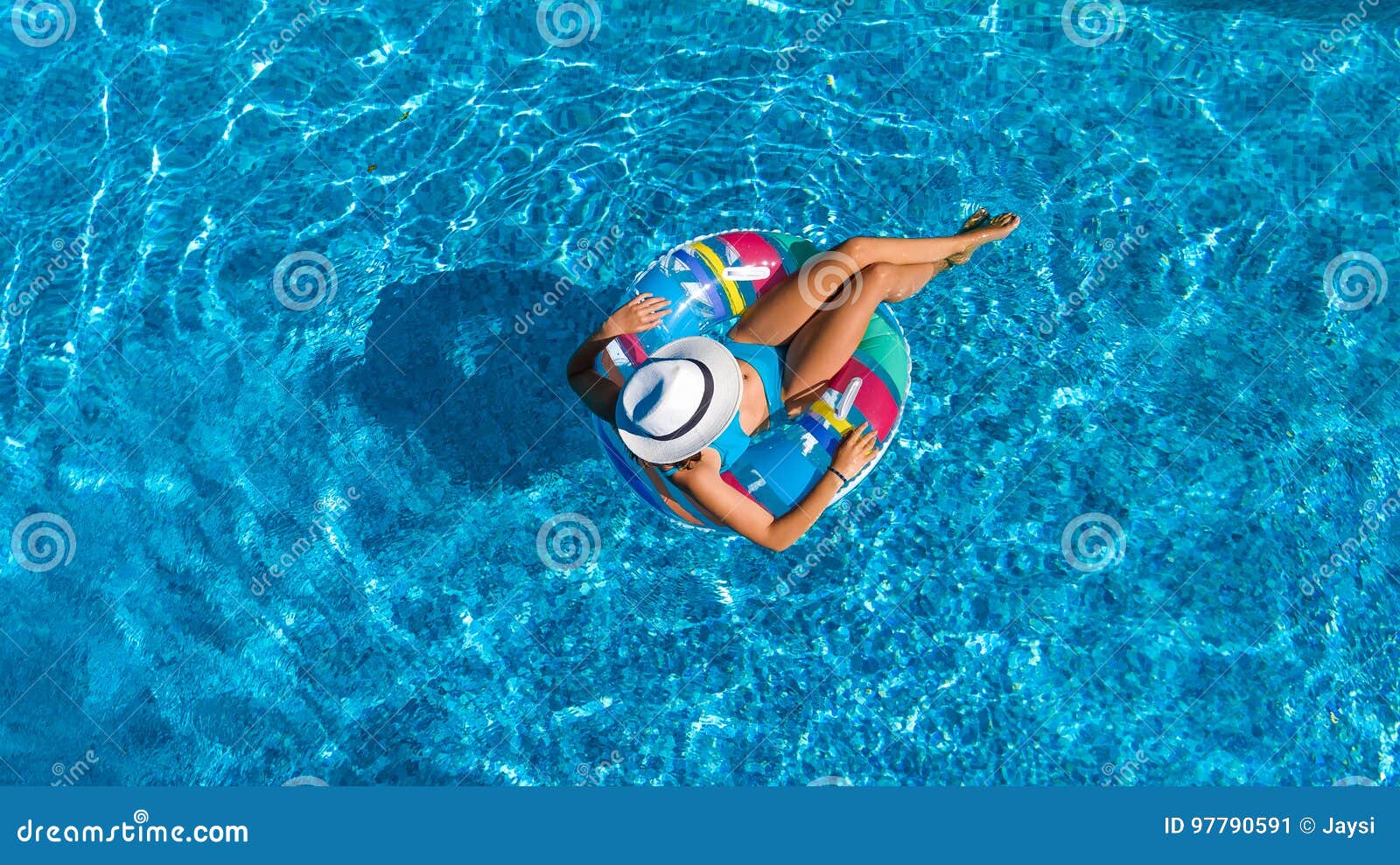 Aerial View of Beautiful Girl in Swimming Pool from Above, Swim on ...