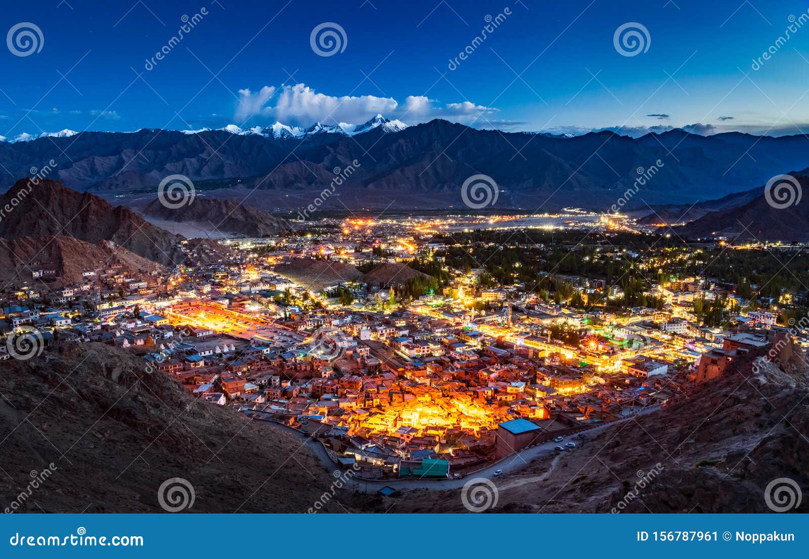 aerial view of leh city at night, ladakh, india