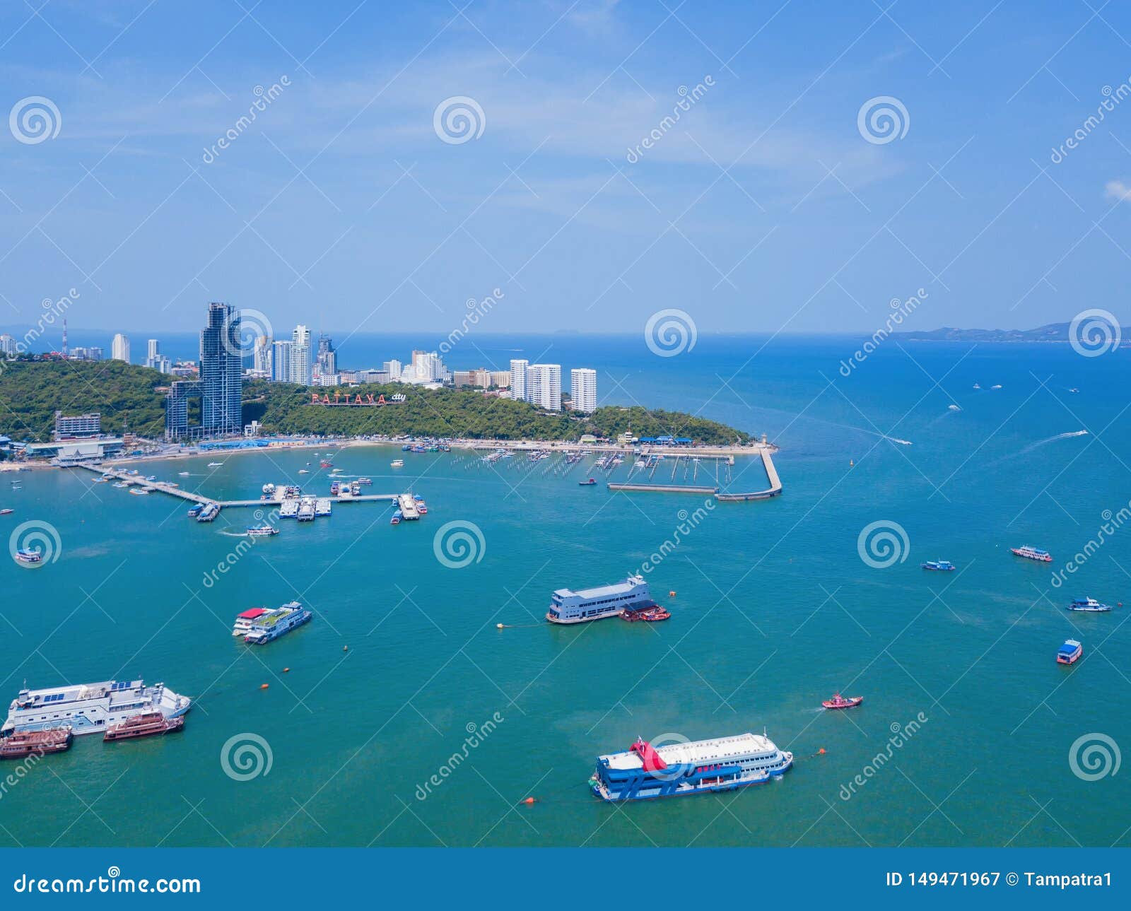 Aerial View Of Boats In Pattaya Sea Beach In Summer And Urban City