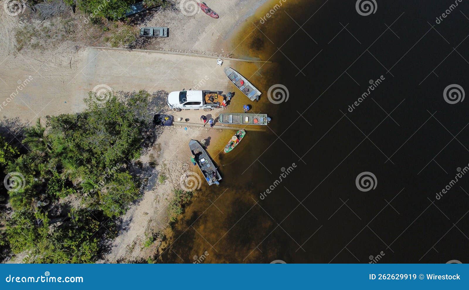 aerial view of the boats on the shore of the rio cristalino river in mato grosso, brazil