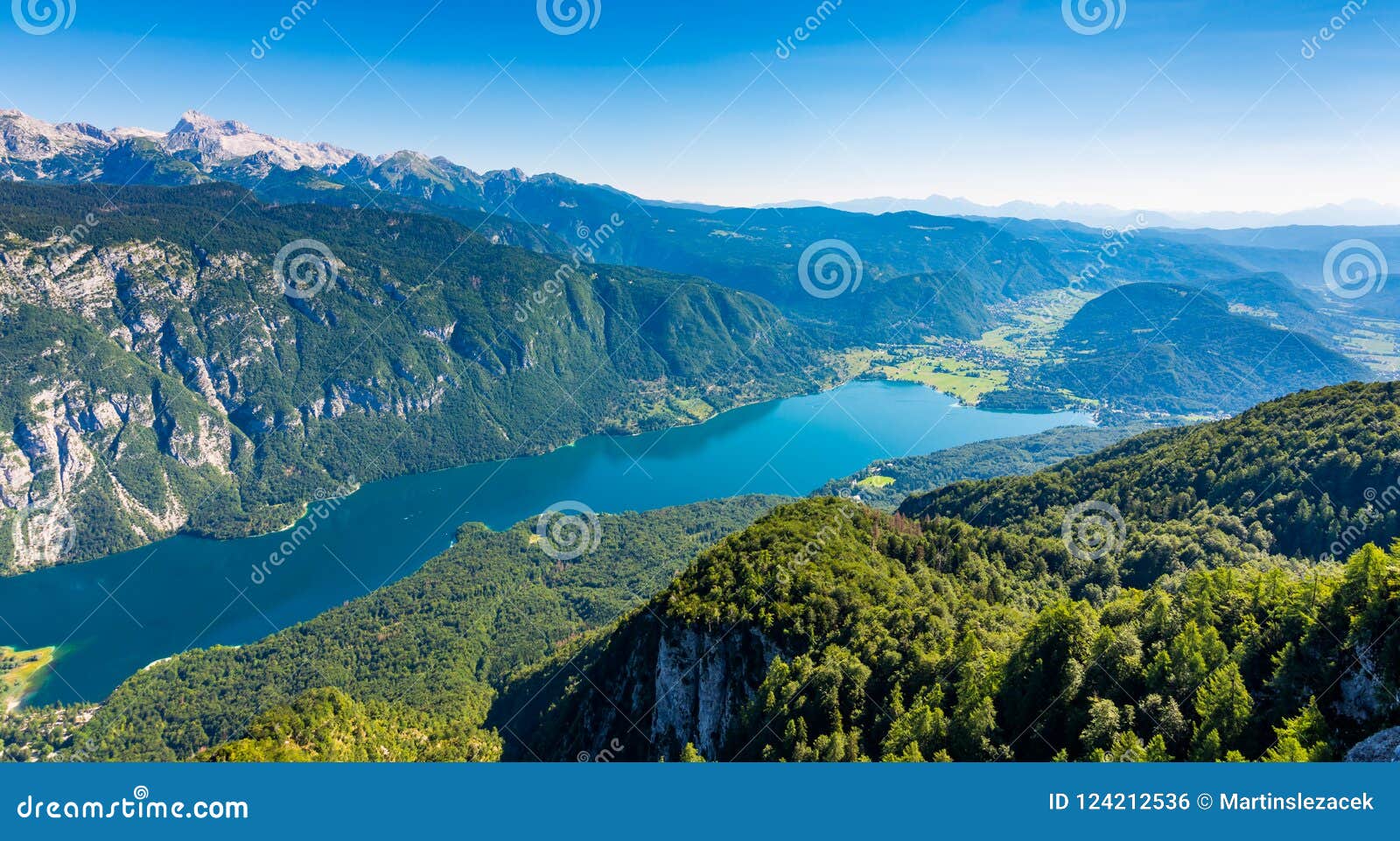 aerial view of bohinj lake from vogel cable car station. mountains of slovenia in triglav national park. julian alps landscape. bl
