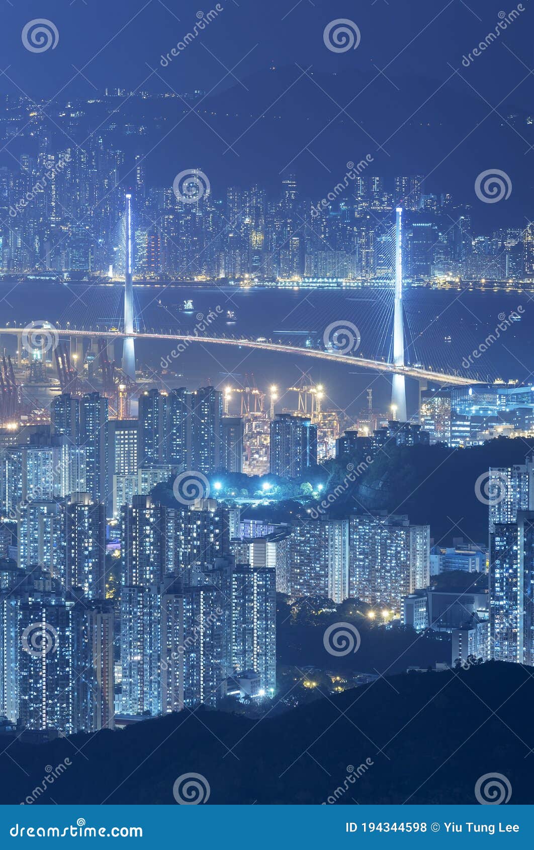bridge and dowtown of hong kong city at night