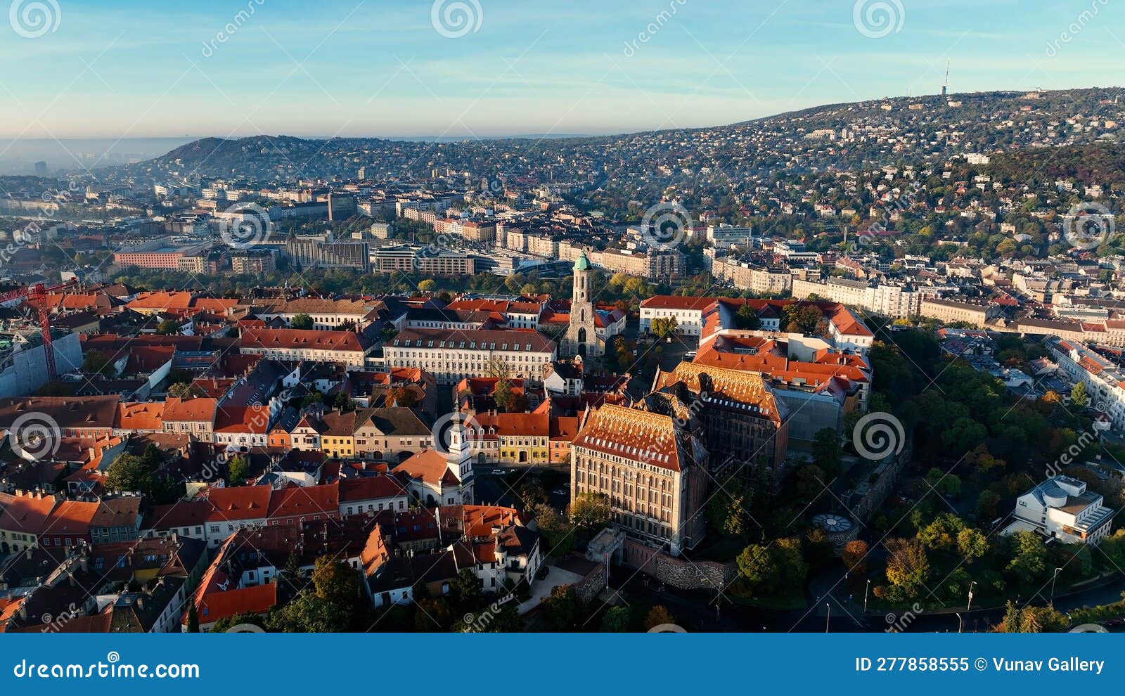 aerial view of budapest city skyline. church of mary magdalene of buda, hungary