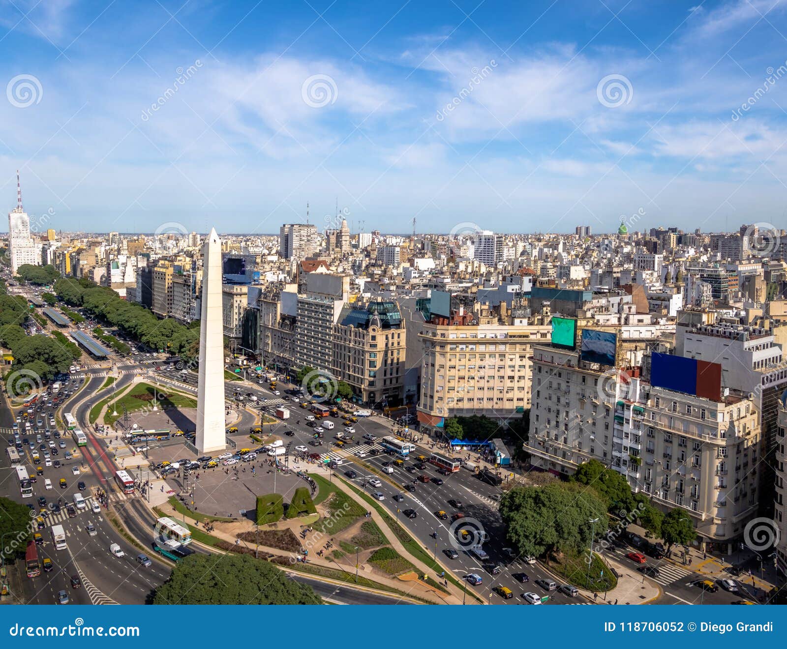aerial view of buenos aires city with obelisk and 9 de julio avenue - buenos aires, argentina