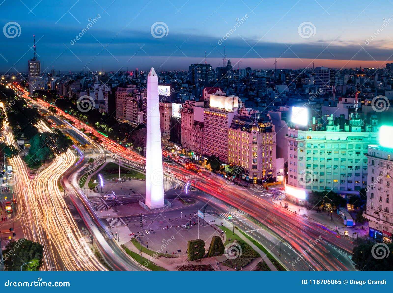 aerial view of buenos aires city with obelisk and 9 de julio avenue at night - buenos aires, argentina
