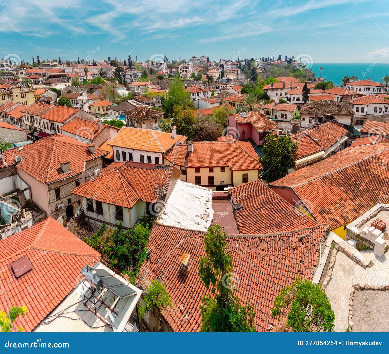 aerial view of the buildings in the kaleichi district in the turkish city of antalya.