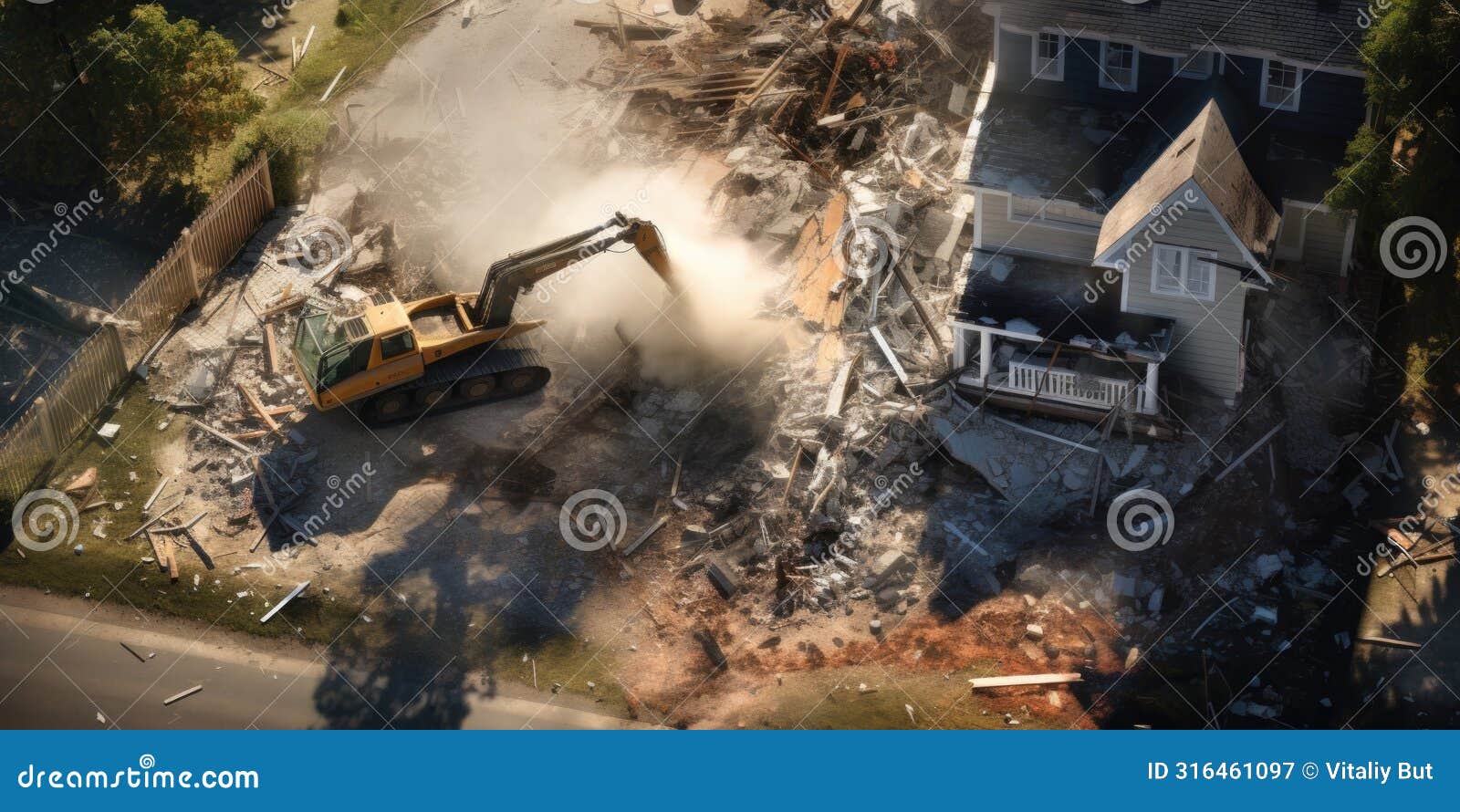 aerial view of bulldozer demolishing a house. generative ai.