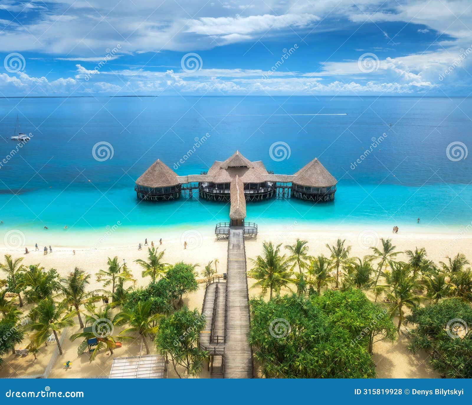 aerial view of bungalow, white sandy beach, sea and palms