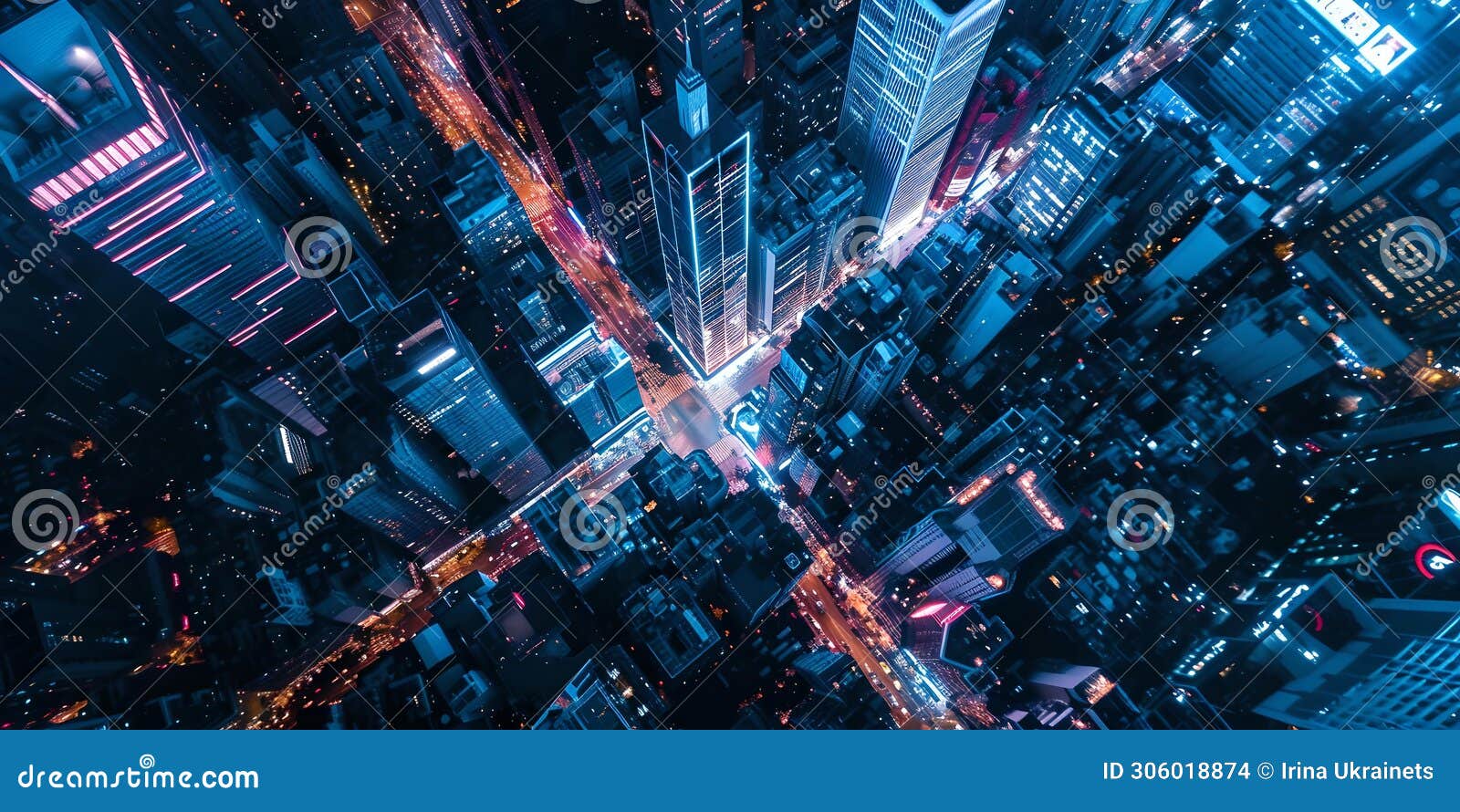 aerial view of a bustling cityscape at night. urban lights glow in a vibrant display of color. modern metropolis from