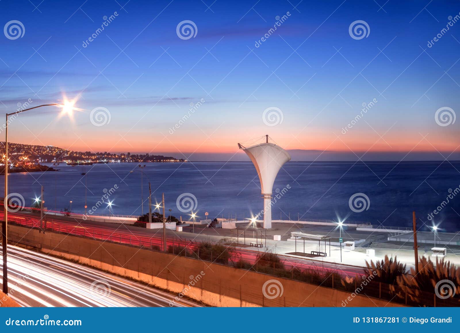 aerial view of caleta abarca beach at night - vina del mar, chile