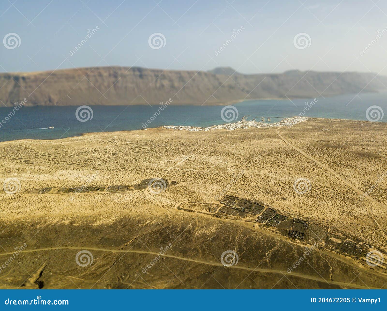 aerial view of caleta de sebo, the main settlement and capital community of la graciosa, canary islands.