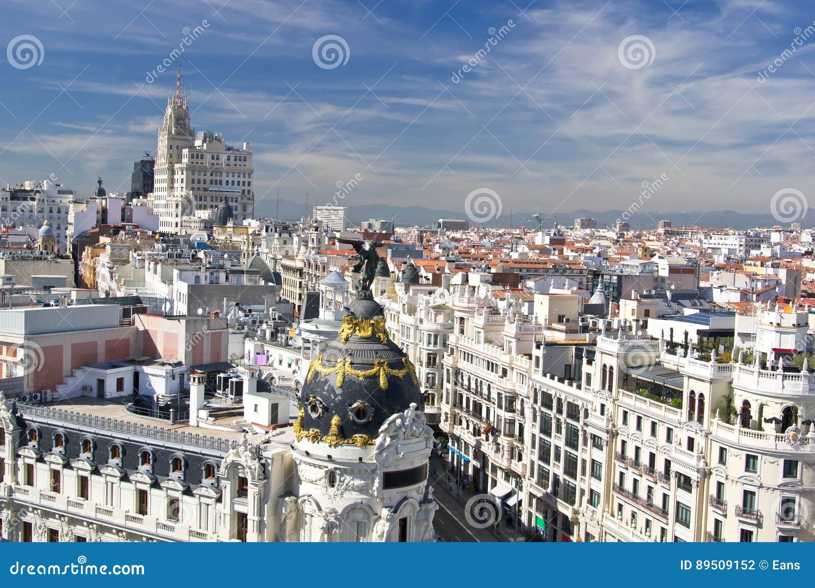 aerial view of the calle gran via in madrid, spain