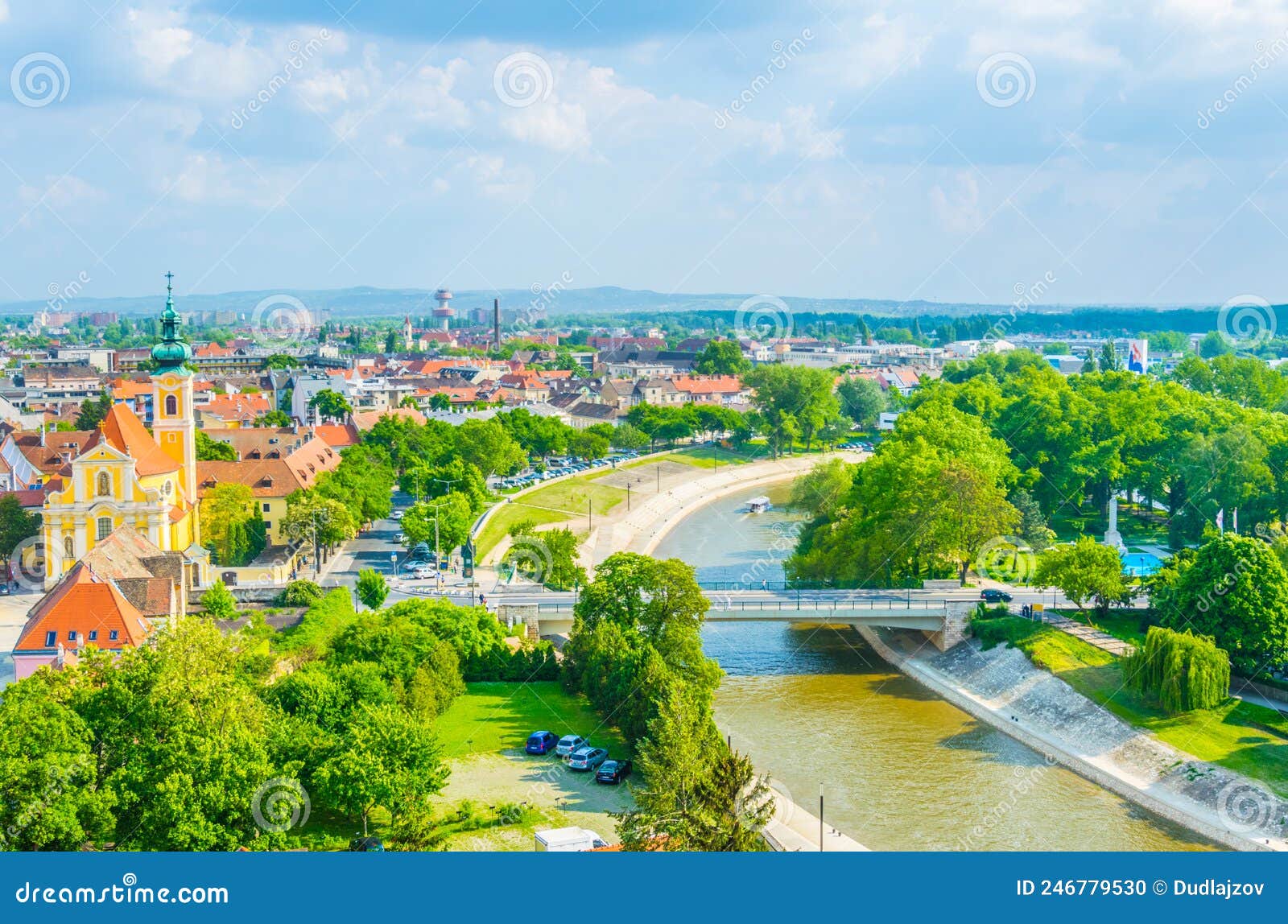 aerial view of the carmelita church in gyor, hungary...image