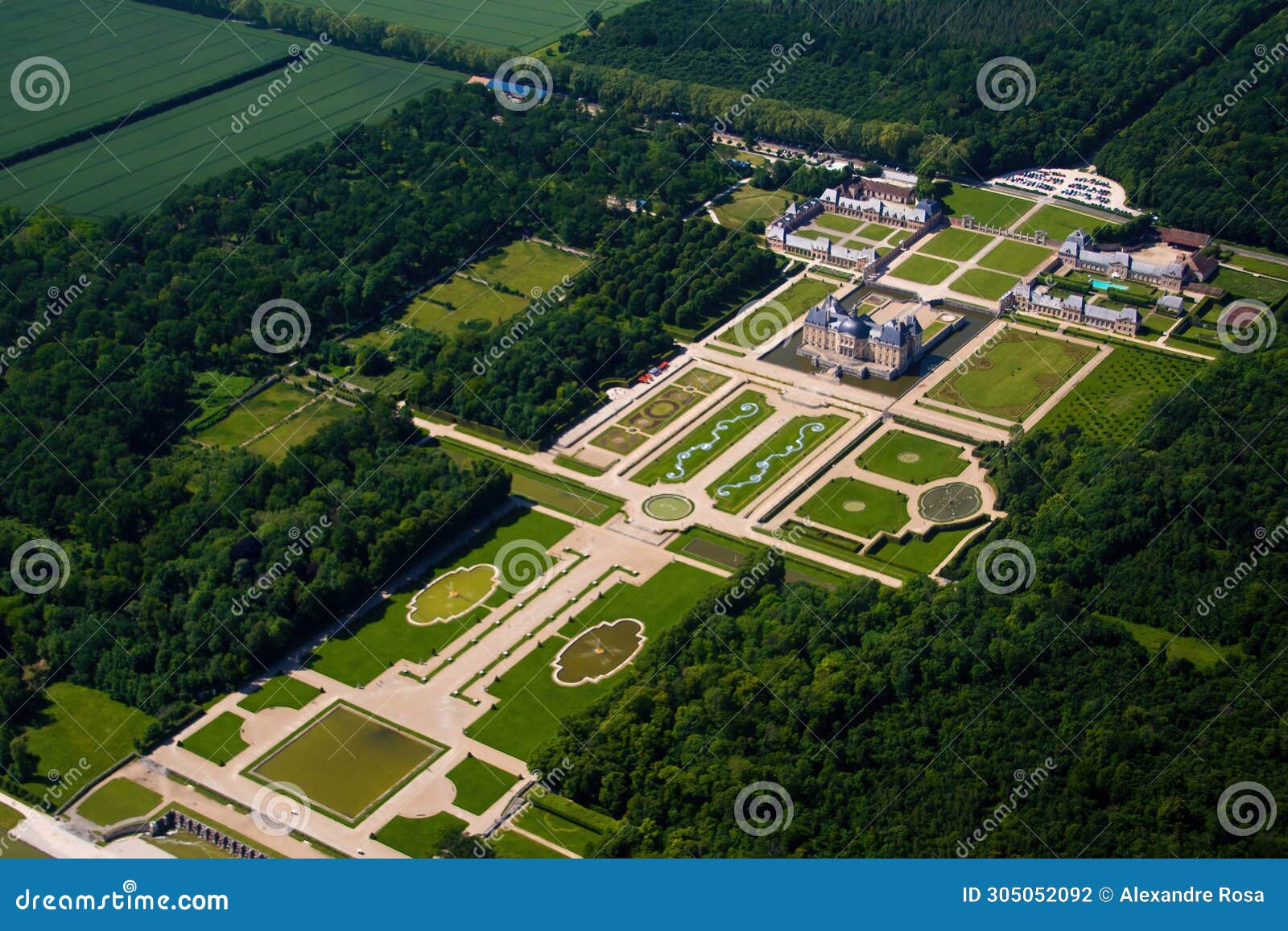 aerial view of the castle and gardens of vaux le vicomte near paris, france