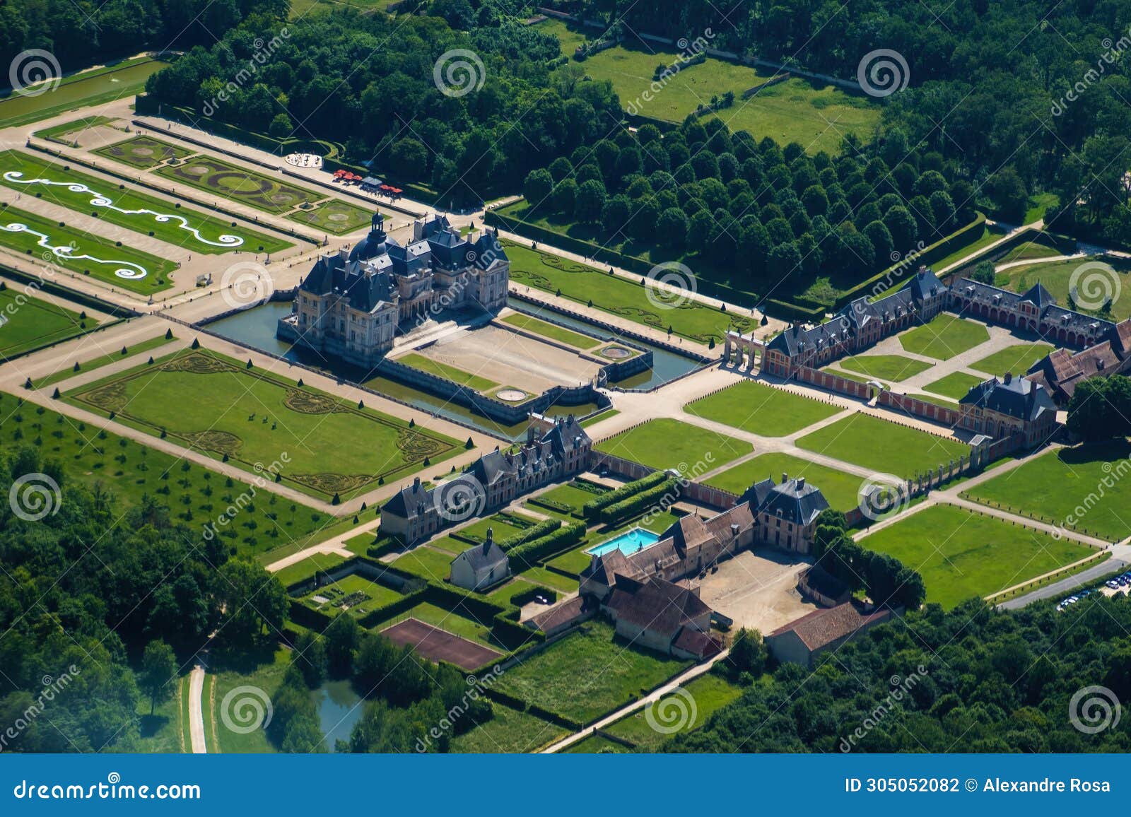 aerial view of the castle and gardens of vaux le vicomte near paris, france