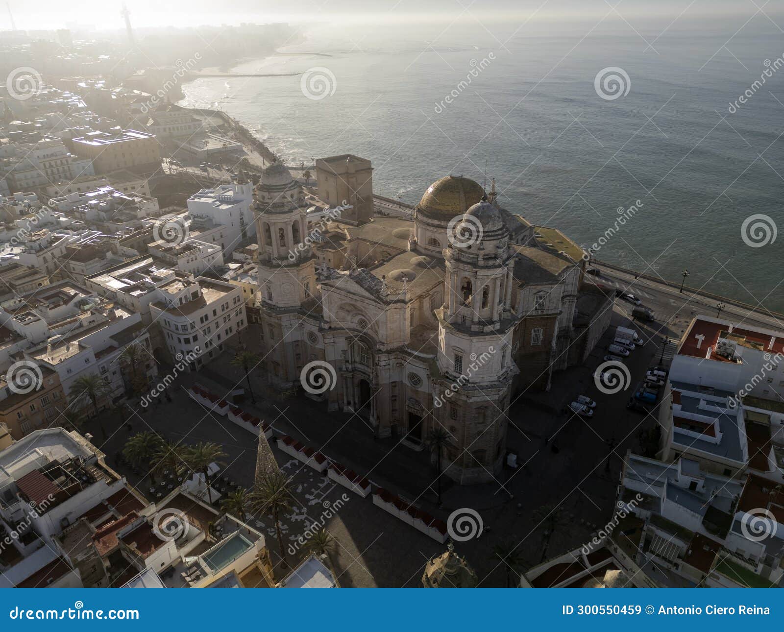 aerial view of the cathedral of the holy cross of cadiz, spain