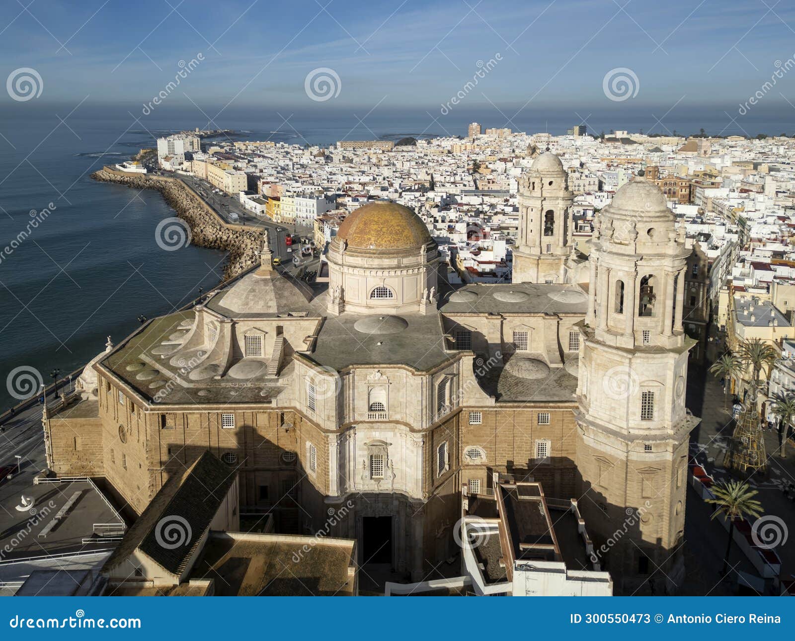 aerial view of the cathedral of the holy cross of cadiz, spain
