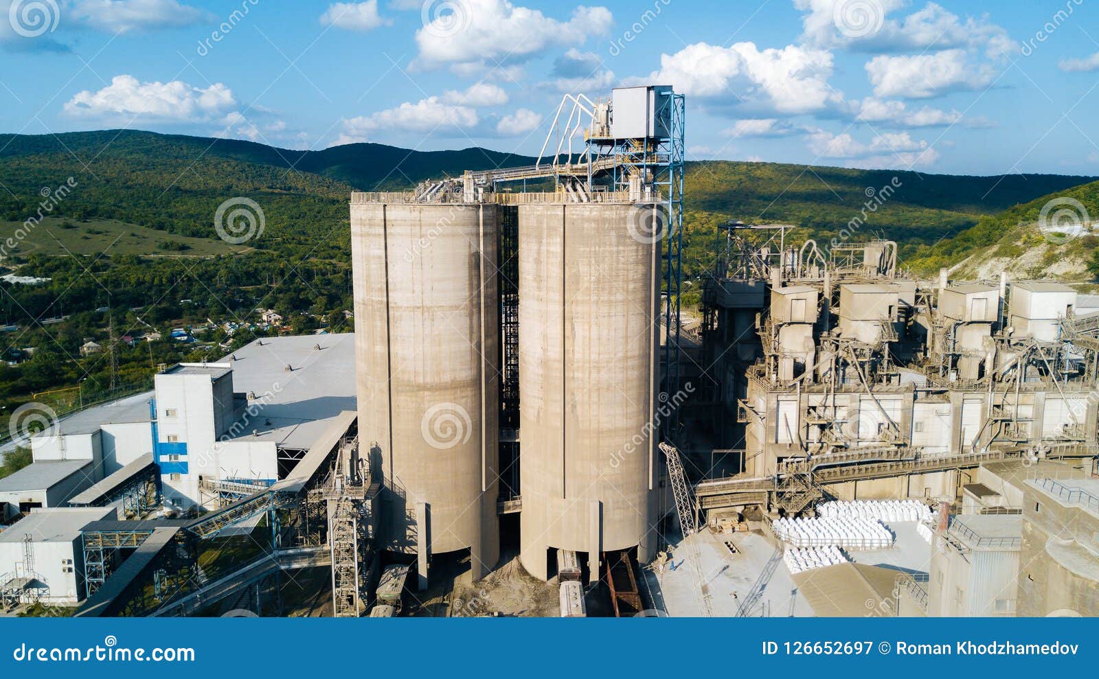 Aerial View of Cement Manufacturing Plant. Concept of Buildings at the