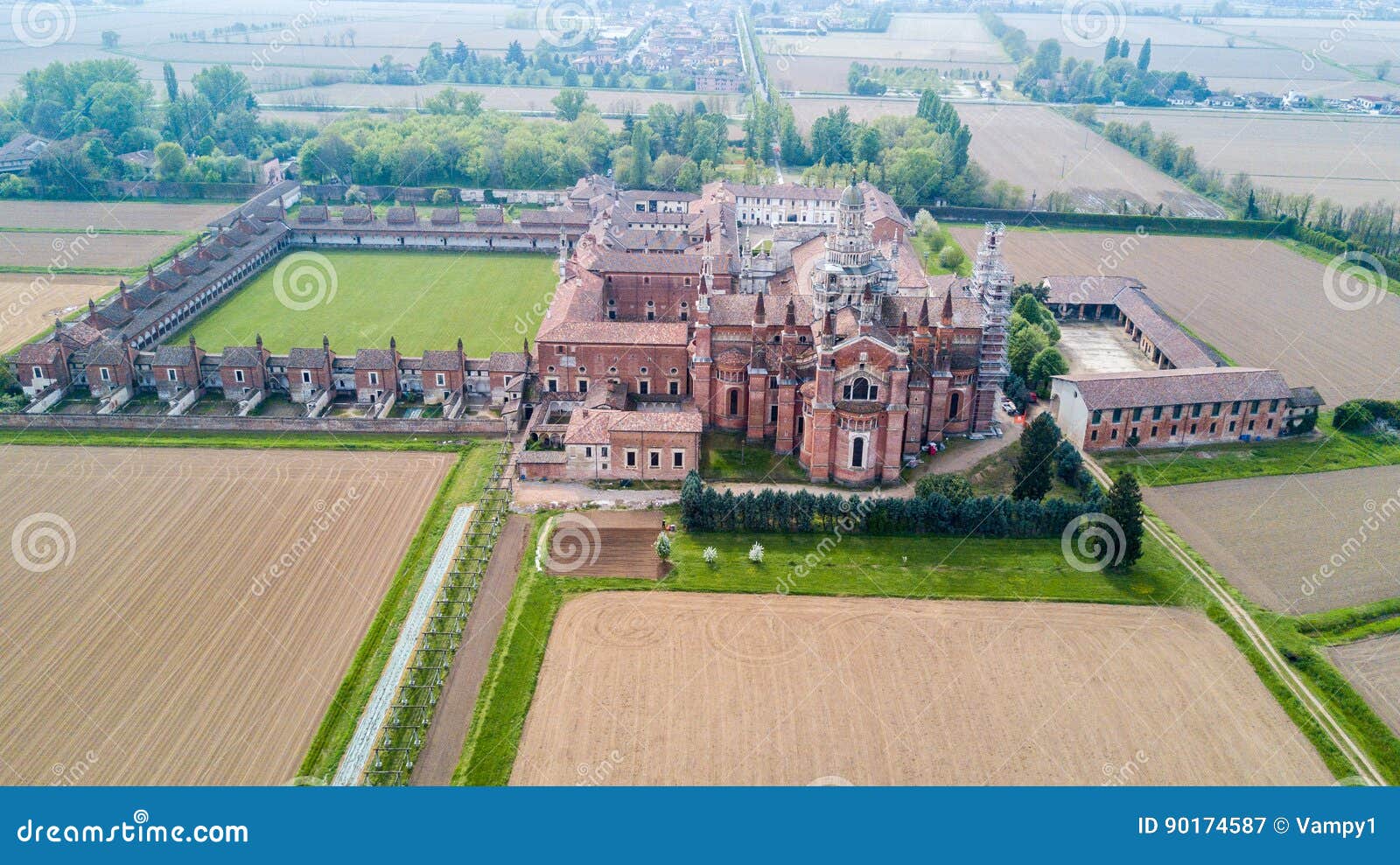 aerial view of the certosa di pavia, the monastery and shrine in the province of pavia, lombardia, italy